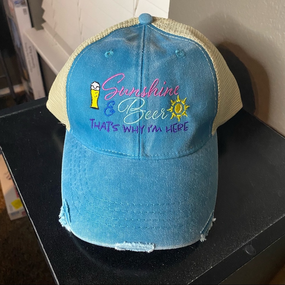 Sunshine and beer that’s why I’m here Distressed trucker hat